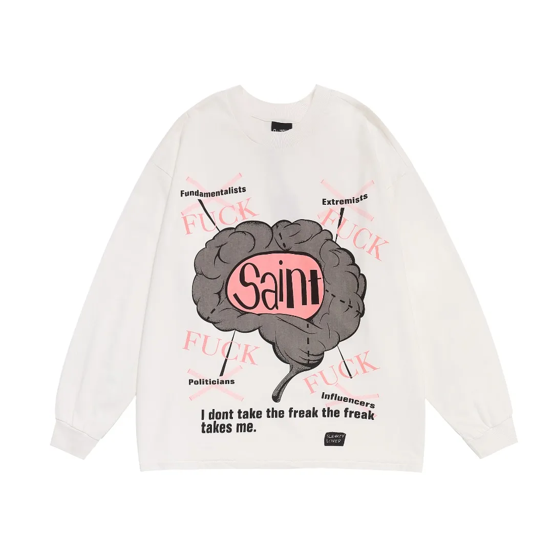 SAINT MICHAEL trendy high street small brain print distressed retro casual long-sleeved loose bottoming T-shirt Fabric: 260g Style number: SM08 Size: S-M-L-XL Color: White Price: P144